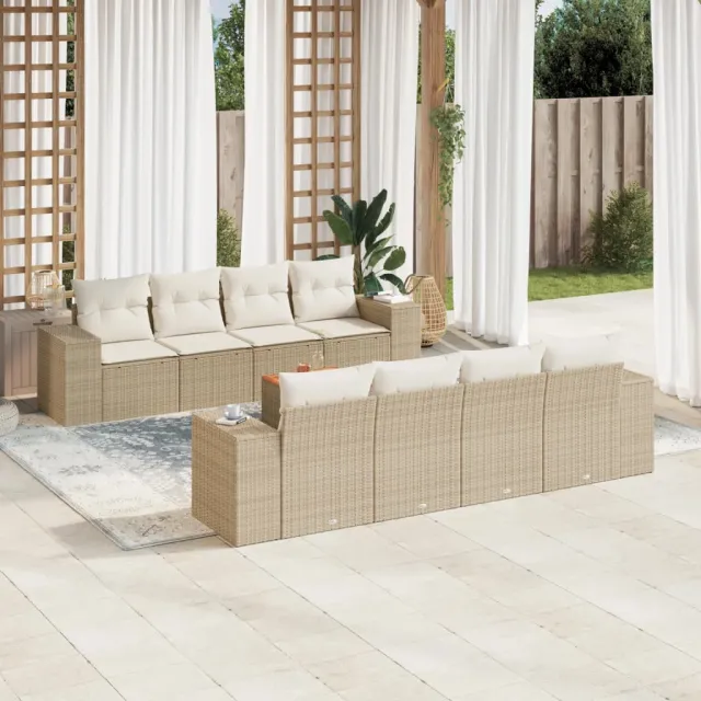 vidaXL 9-delige Loungeset met kussens poly rattan beige, foto 2