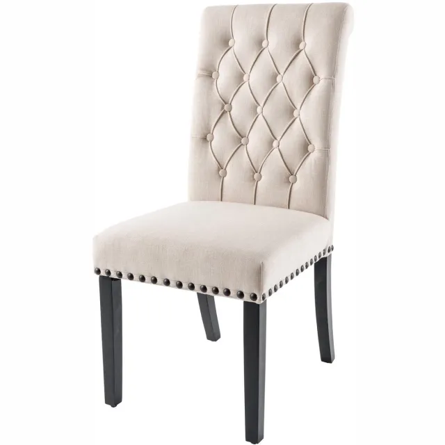 Invicta Interior Design Stoel CASTLE beige zwart Getextureerde stof Houten poten Chesterfield - 43215 Zie omschrijving