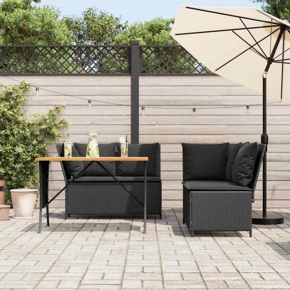 vidaXL 3-delige Loungeset met kussens poly rattan zwart, foto 3