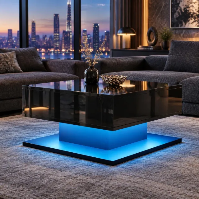 DESMIU Salontafel - Verstelbaar Tafelblad Met Opklapbaar Deksel En LED - Voor De Woonkamer - MDF En Spaanplaat - 72x72x35 Cm - Zwart