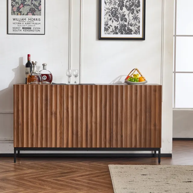 MODFU Donker Eiken Sideboard 150x40x80 cm, Mid-Century Modern Dekoschrank met 3 Deuren, 3D Golvend Design en Verstelbare Planken, Kipbeveiliging voor Woonkamer en Eetkamer Natuurlijk (Model 1)