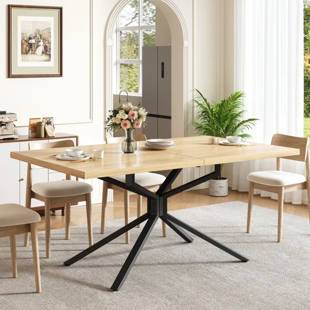 STILVORA Uittrekbare Eettafel - Rechthoekig MDF Tafelblad Met Metalen Steronderstel - Voor 4 Tot 6 Personen - 120/160 X 90 X 75 Cm - Lichte Eik Wood