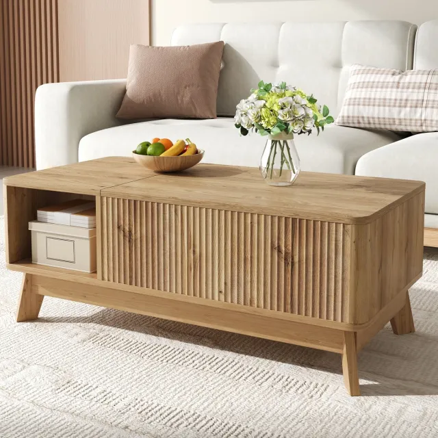 REDOM Salontafel - In hoogte verstelbaar tafelblad - Verborgen opbergruimte en open zijvak - Moderne stijl - Woonkamer - MDF - Naturel - 95 x 48 x 50 cm
