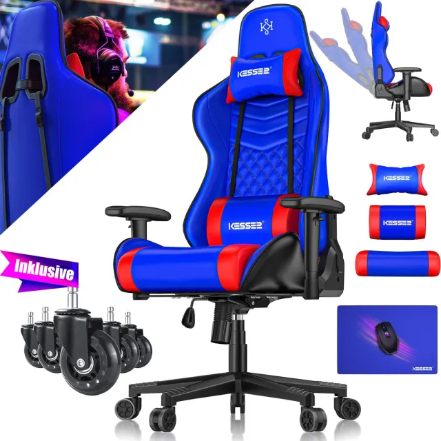 Kesser Gamingstoel Ergonomisch - Gaming Bureaustoel met Hoofdsteun en Lendenkussen, Verstelbare Rugleuning, tot 150 kg - Blauw/Rood Blauw / Rood