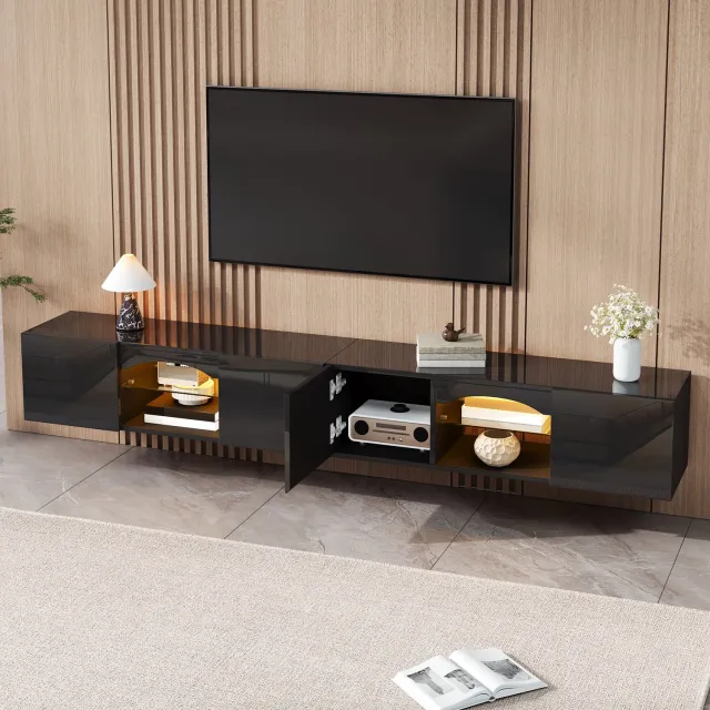 MODENUIT Tv-Meubel - Ledverlichting Met Appbediening - Woonkamer - Zwart Spaanplaat - 200x30x28 Cm