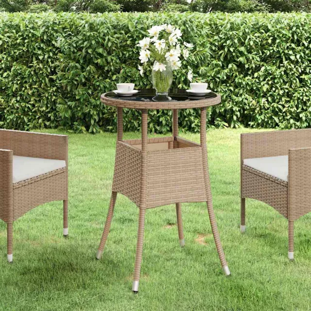 vidaXL Tuintafel Ø60x75 cm gehard glas en poly rattan beige, foto 2
