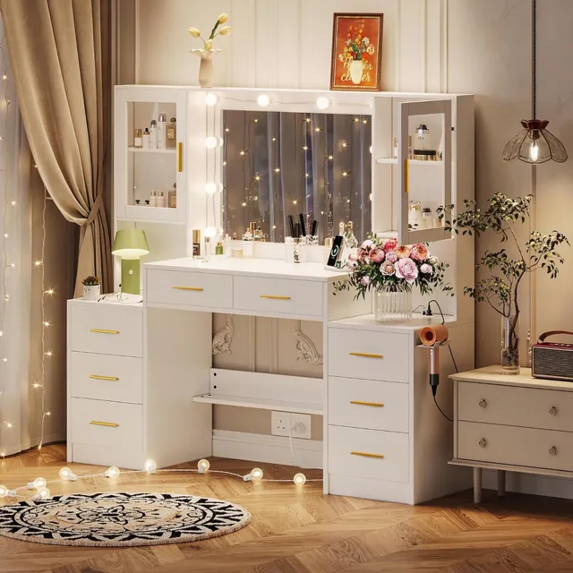 Mihtrov Kaptafel - Make Up Tafel - Met Spiegel en 10 LED Lampen - Met Stopcontacten - USB poort - Type C - 3 Lichtkleuren - 8 Lades en 2 Kasten - 4 Open Opbergplanken - 150L x 135H x 40W cm - Eenvoudige Montage - Voor Slaapkamer Kleedkamer - Wit