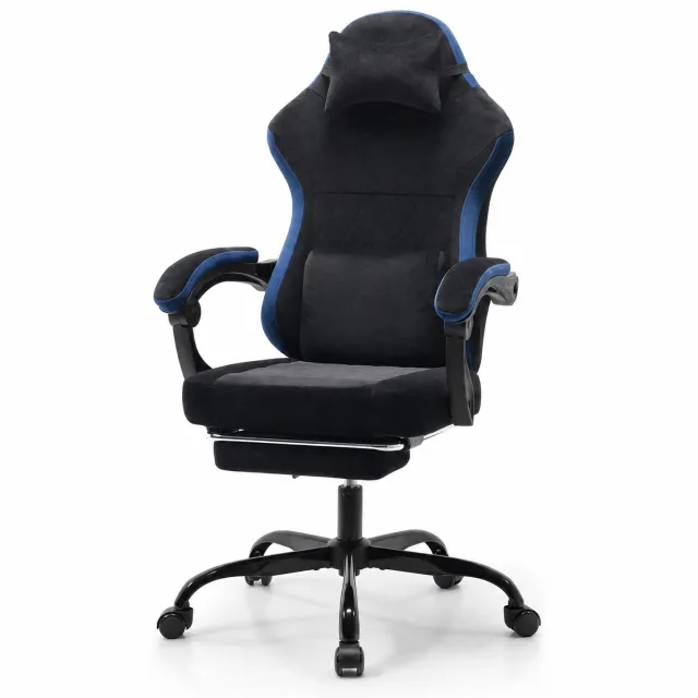 OKWISH Gamingstoel - Verstelbare Zithoogte en Rugleuning - Met Hoofdsteun, Lendenkussen en Voetensteun - Werkkamer - Stof - Zwart en Blauw
