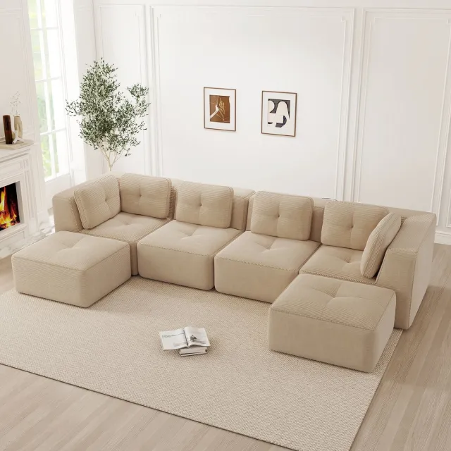 OKWISH Hoekbank 74 Cm Zitdiepte - Modulair U Bank Ontwerp Zonder Montage - Voor Woonkamer - Corduroy - Beige