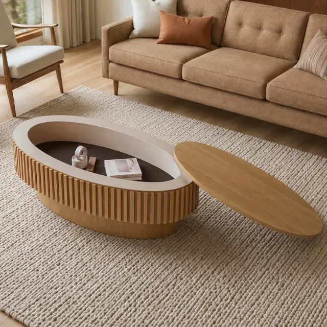 KOMHTOM 98 cm ovale geribbelde salontafel met verborgen opbergruimte, moderne cocktailtafel met massief houten fineer, eenvoudig in 5 minuten te monteren accenttafel voor de woonkamer, slaapkamer, appartement of kantoor, naturel hout Natuurlijk hout