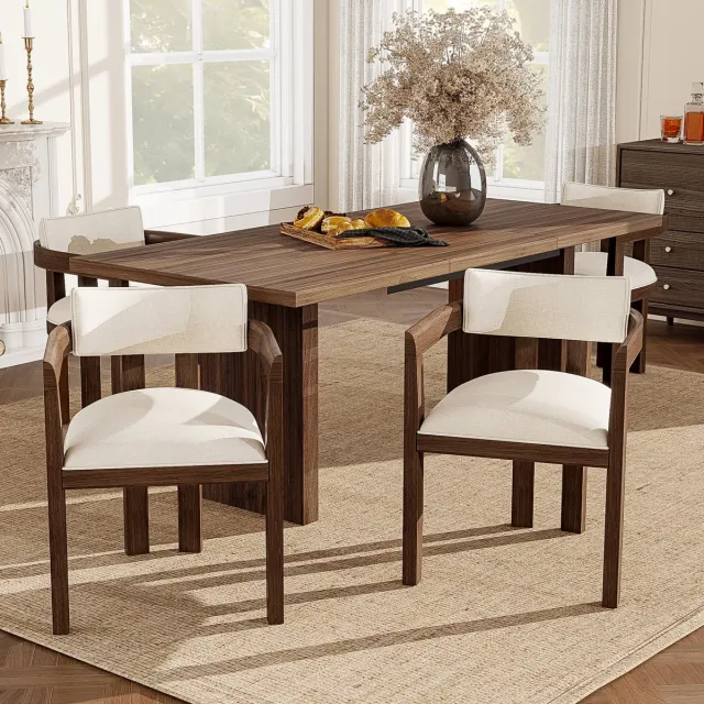 MEUNIQ Eetkamerstoelen set van 6 met armleuningen, houten frame en linnen bekleding, 57,5 x 60,5 x 78,5 cm, eetkamer, walnootkleur