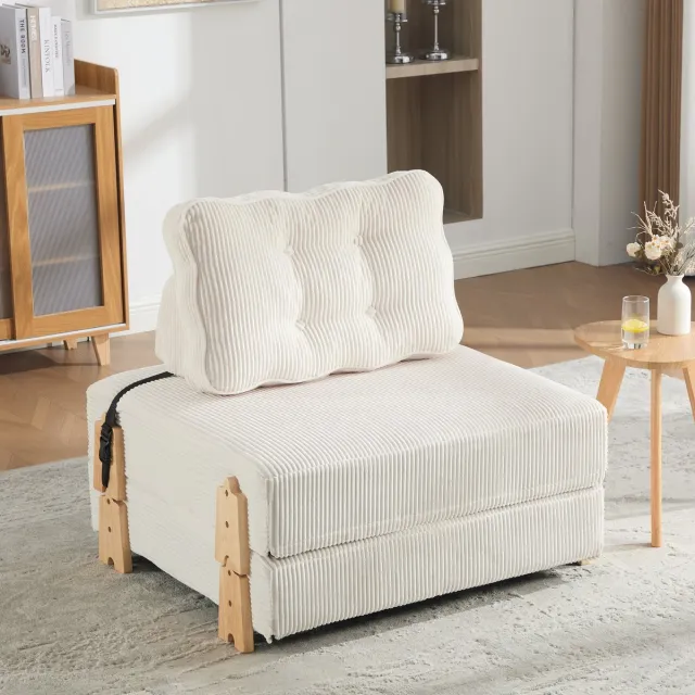HAUSS SPOLE Fauteuil – Opvouwbare Slaapfauteuil – Voor Woonkamer, Slaapkamer En Logeerkamer – Hout En Ribfluweel Beige