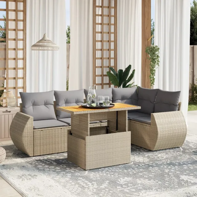 vidaXL 6-delige Loungeset met kussens poly rattan beige