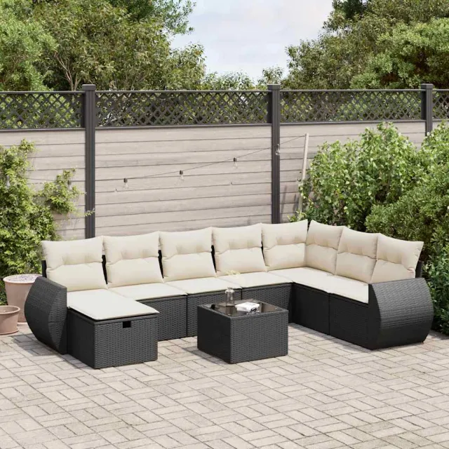 vidaXL 9-delige Loungeset met kussens poly rattan zwart, foto 2