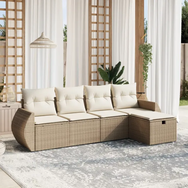 vidaXL 5-delige Loungeset met kussens poly rattan beige, foto 2