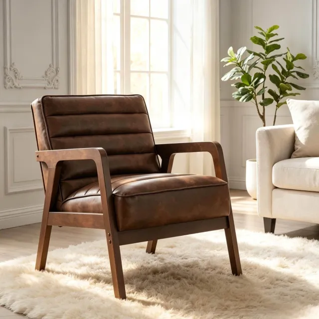 REDOM Fauteuil - PU bekleding - Gewatteerde zitting met S-veren - Hoge rugleuning en armleuningen - Retro vintage - Woonkamer - Hout - Bruin - 64 x 86 x 79 cm
