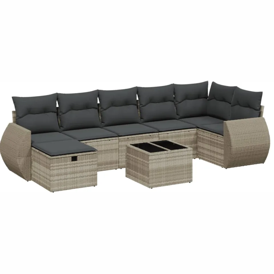 vidaXL 8-delige Loungeset met kussens poly rattan lichtgrijs