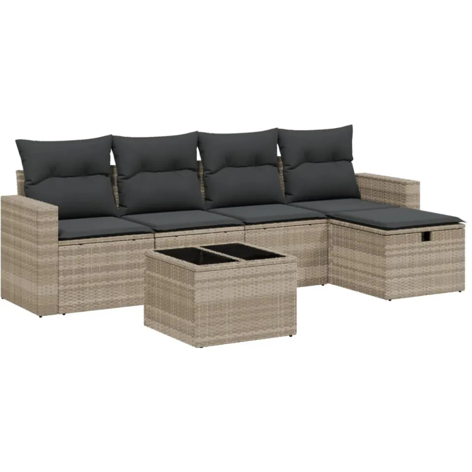 vidaXL 6-delige Loungeset met kussens poly rattan lichtgrijs grijs, foto 4