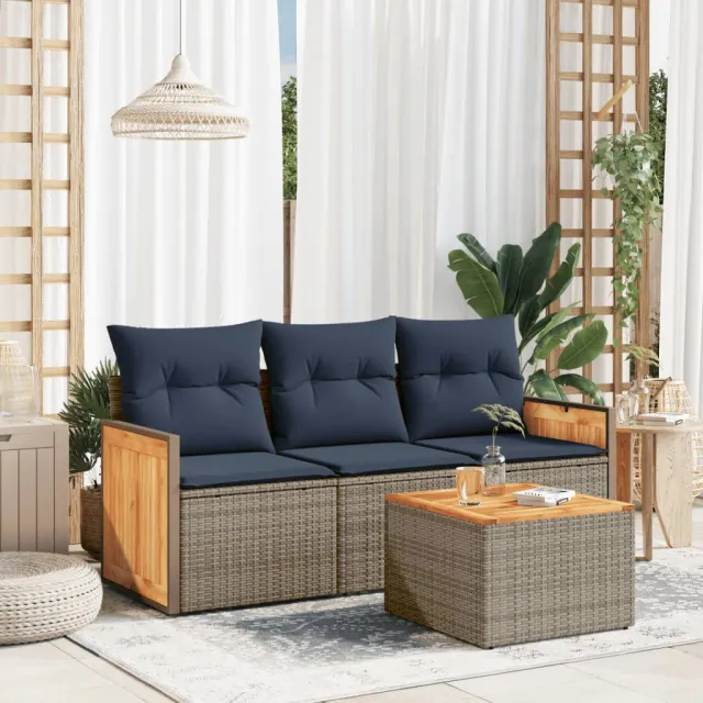 vidaXL 4-delige Loungeset met kussens poly rattan grijs, foto 2