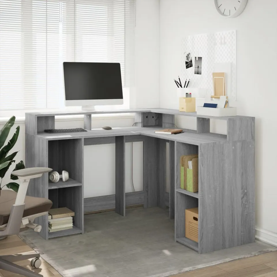 vidaXL Bureau met LED-verlichting 130x130x91 cm hout grijs sonoma, foto 2