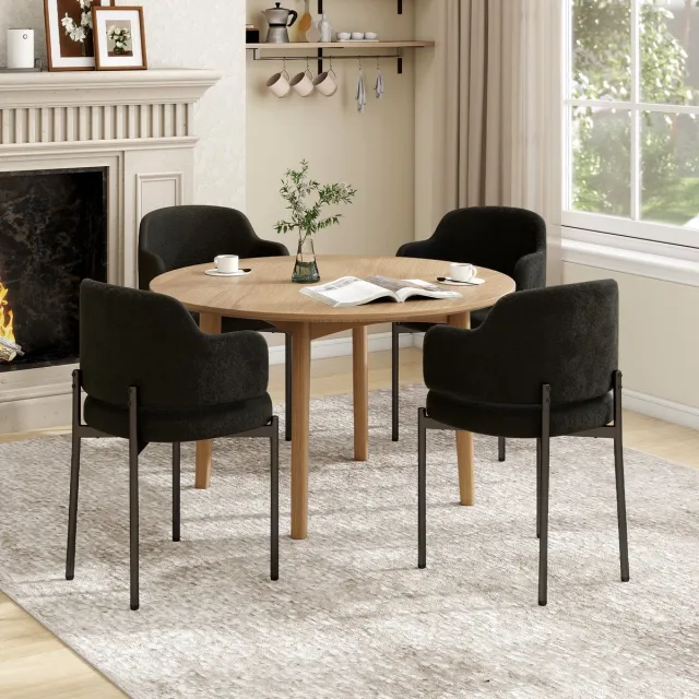 Puluomis Eetkamerstoelen - Set van 4 - Teddy Fleece - Metalen poten - Gevoerde zitkussens - Gebogen rugleuning armleuning - Zwart