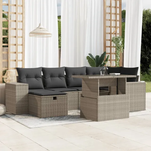 vidaXL 7-delige Loungeset met kussens poly rattan lichtgrijs grijs, foto 2