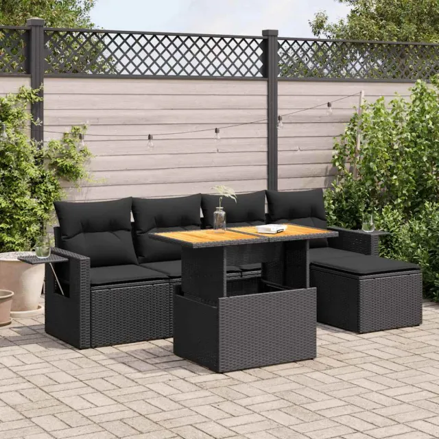 vidaXL 6-delige Loungeset met kussens poly rattan zwart, foto 2