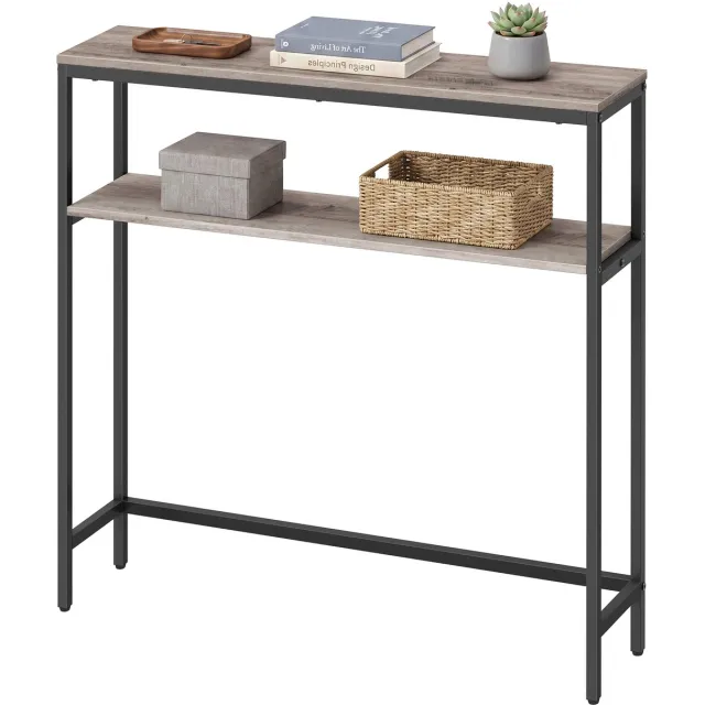 Vasagle Consoletafel - Haltafel - Smalle Console Tafel - 2 Opbergrekken - Voor Hal Woonkamer Slaapkamer Greige gemêleerd-Zwart