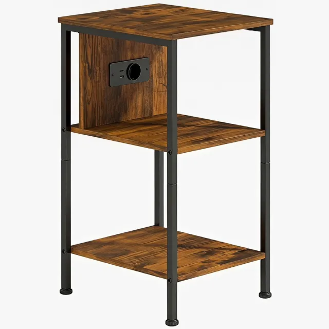 Homona Bijzettafel met oplaadstation en 2 open schappen - 34 x 30 x 58 cm - Rustiek bruin en zwart