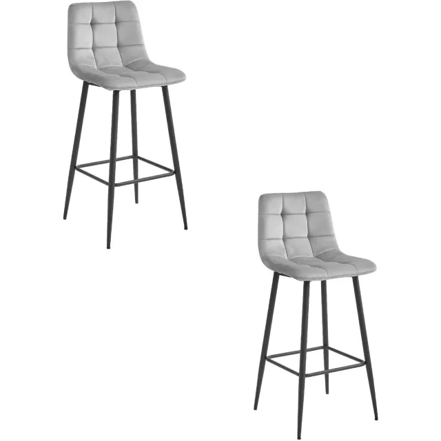 LEOBERT ARCETO Barkrukken – Set van 2 – Zilvergrijs Velvet – Zwarte Metalen Poten – Met Rugleuning – Met Voetsteun – Modern Design – Voor Keukeneiland, Bar en Keuken – Max. 110 kg per Kruk