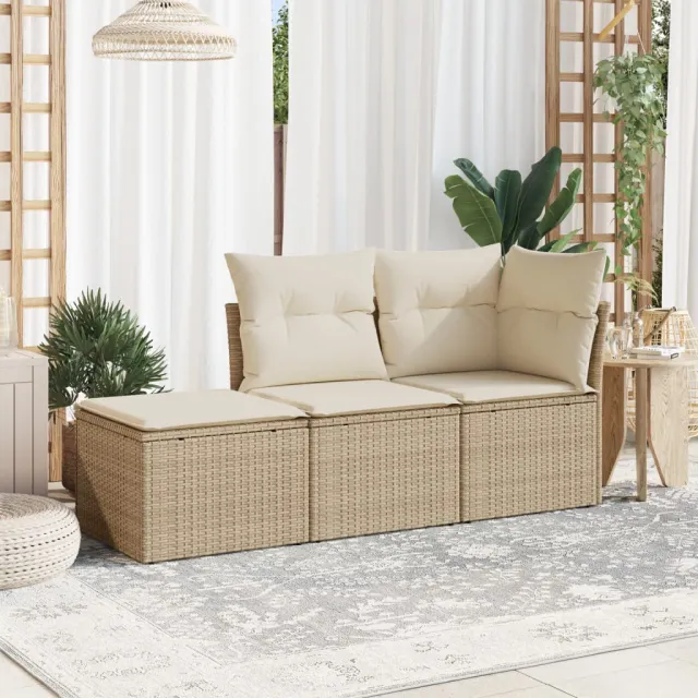 vidaXL 3-delige Loungeset met kussens poly rattan beige, foto 2