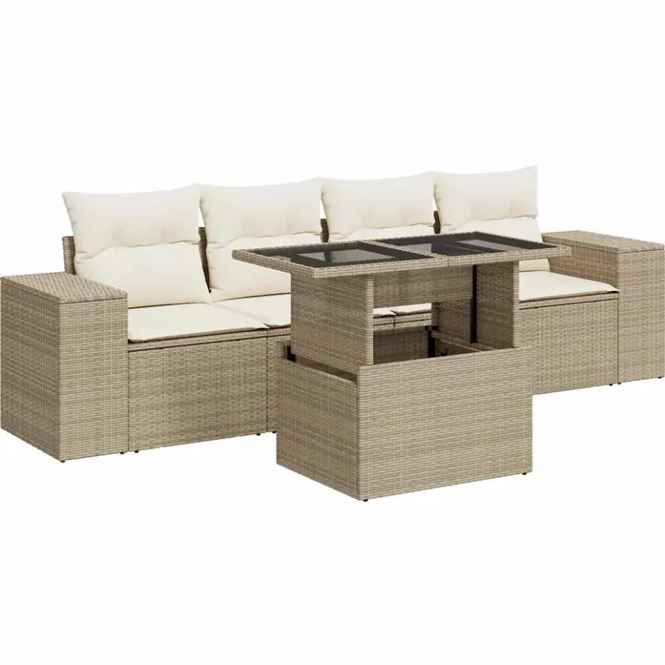 vidaXL 5-delige Loungeset met kussens poly rattan beige, foto 3