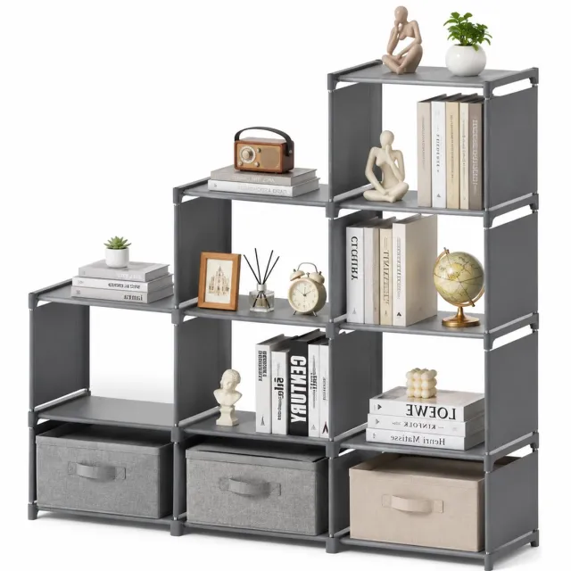 Soontrans Boekenkast - Trapeziumvormig - 9 Vakjes - Multifunctionele Opbergkast - Modern design Vakkenkast geschikt voor Woonkamer - Slaapkamer en Studeerkamer - Grijs
