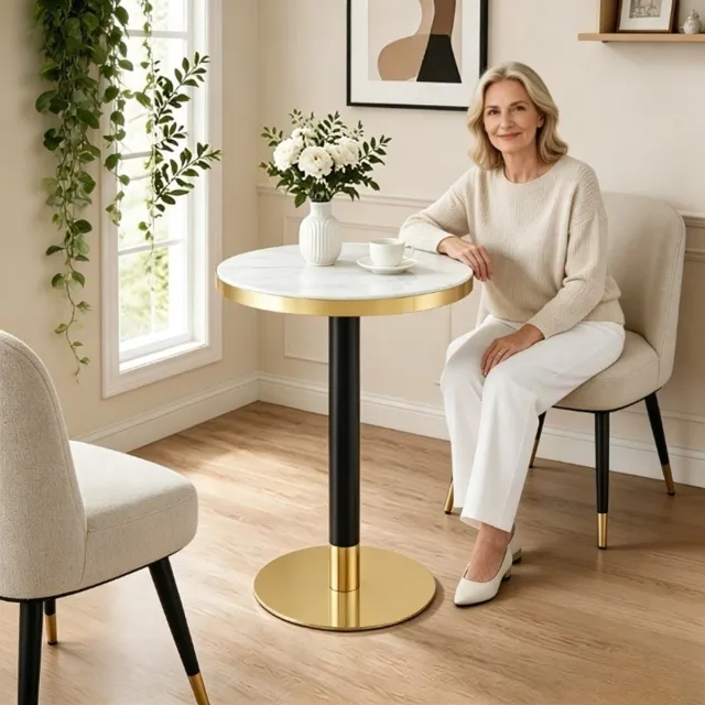 DESMIU Bijzettafel - Ronde Marmerlook Tafel Met Gouden Rand - Voor Woonkamer Slaapkamer Of Balkon - MDF En Metaal - 60 x 73,7 Cm - Wit