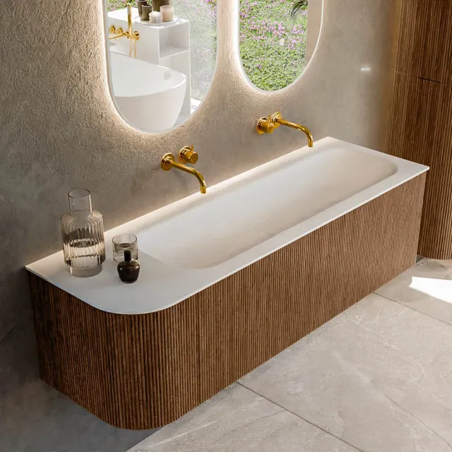 Mondiaz KURVE 145 cm Onderkast Greeploos 1 Lade Met Deuren Walnut, Wastafel Solid Surface Rechts Talc 0 Kraangaten Zonder Spiegel (KRVBGL145L1L1D0KR-Wal/Tal)
