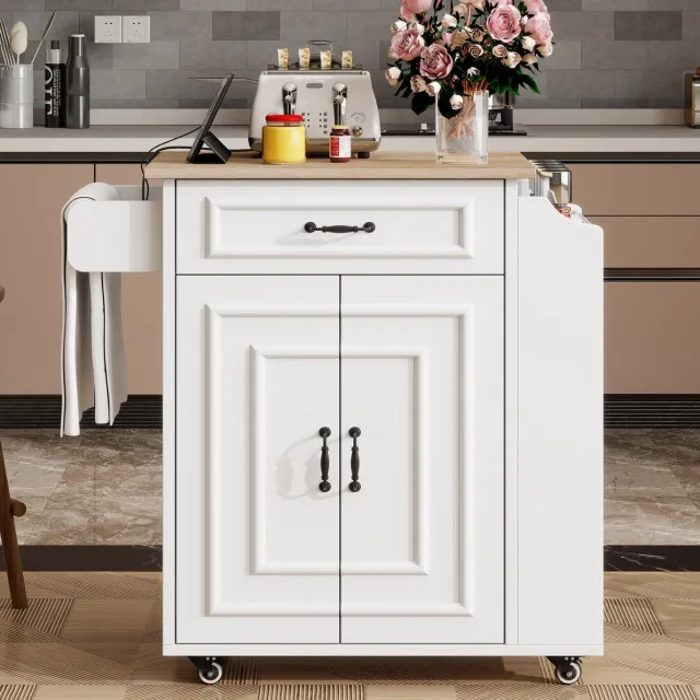 MEUNIQ Keukeneiland op wielen met opklapbaar werkblad 66 x 40/60 x 90 cm, lade, kast met 2 deuren, kruidenrek en handdoekhouder voor keuken, wit