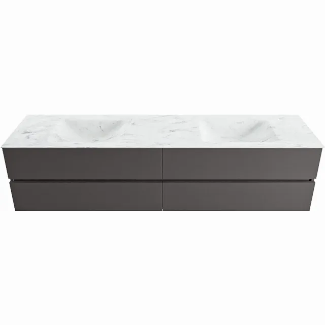 Mondiaz VICA-DLUX 200cm badmeubel onderkast Dark grey 4 lades. Inbouw wastafel CLOUD dubbel zonder kraangat, kleur Opalo.