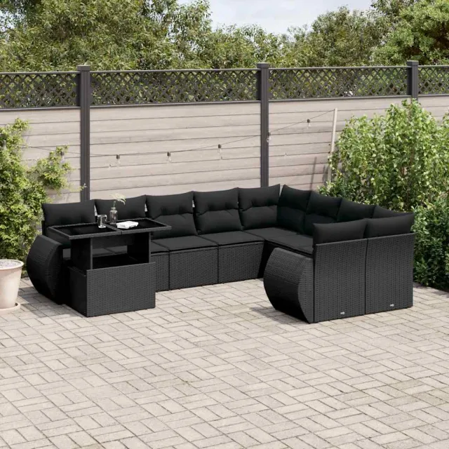 vidaXL 10-delige Loungeset met kussens poly rattan zwart, foto 2
