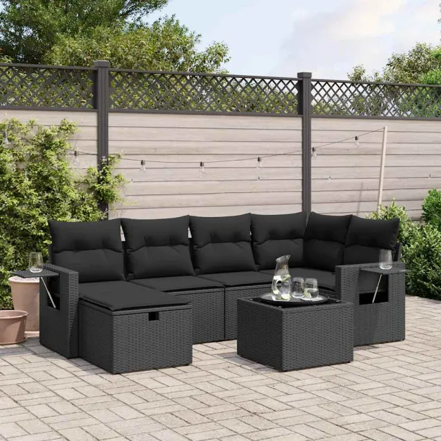 vidaXL 7-delige Loungeset met kussens poly rattan zwart, foto 2