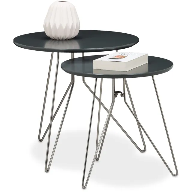 Relaxdays salontafel set van 2 - rond - 48 en 40 cm - modern - staal - glas - woonkamer antraciet