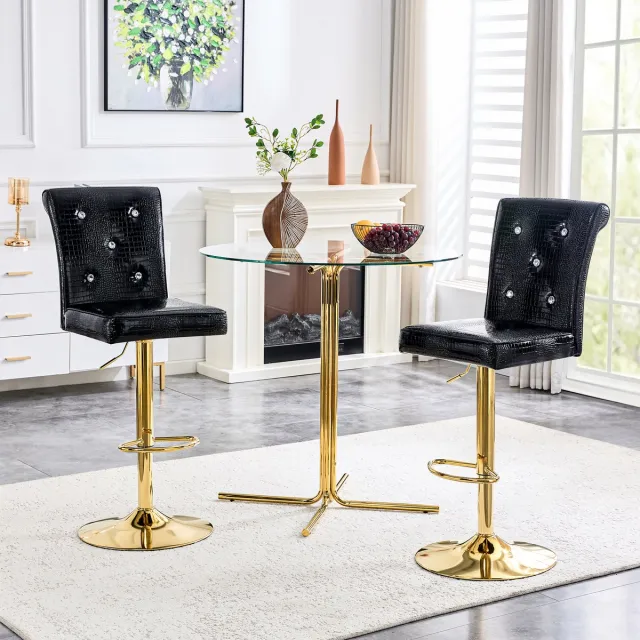 Wishdor Set Van 2 Barkrukken - Verstelbare Zithoogte En Gevoerde Zitting - Vintage Ontwerp - Voor Eethoek Of Bar - PVC En Schuimvulling - Zwart - Met Waterafstotend Oppervlak En Kristalknoopdetails