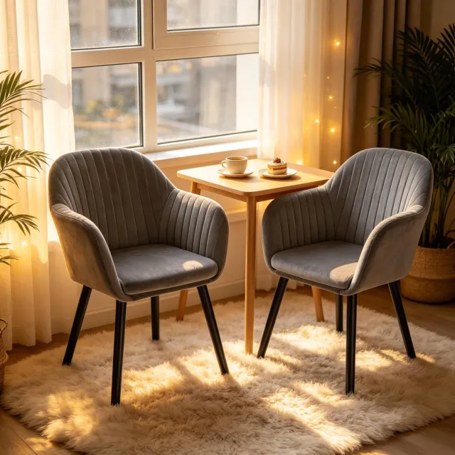 MODFU Eetkamerstoelen - Set Van 2 - Met Armleuningen - Gestreepte Rugleuning - Fluweel - Donkergrijs En Zwart