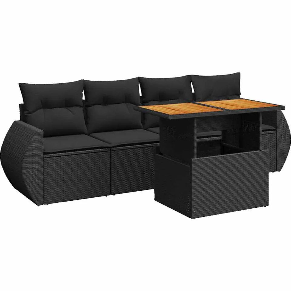 vidaXL 5-delige Loungeset met kussens poly rattan zwart, foto 3
