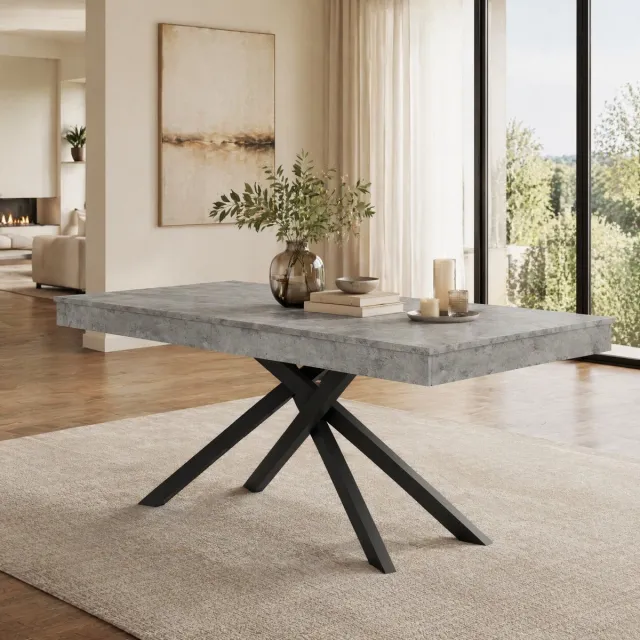 COVREO Eettafel 140-180x80x76 cm - grijs MDF, metalen X-poten, uitschuifbaar voor 6-8 personen