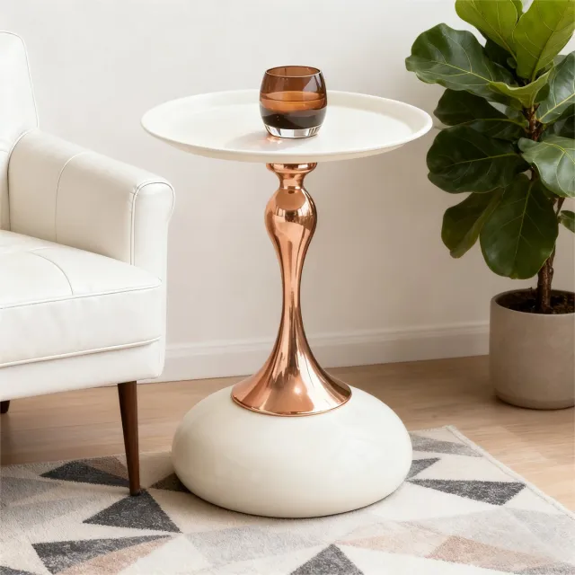 REDOM Ronde Bijzettafel - Met Metalen Blad En Voet - Modern - Voor Woonkamer Of Slaapkamer - Koolstofstaal - Wit-Goud Wit+Goud