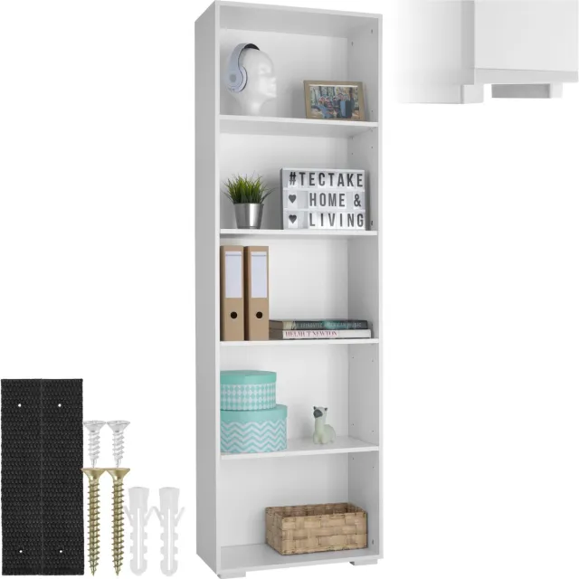 Tectake Houten boekenkast - Staande kast met 5 open vakken - Vloervriendelijke kunststof pootjes - Snelle en eenvoudige montage - Maximale belasting 10 kg per vak - Afmeting (HxBxD) 190 x 60 x 30 cm - Wit