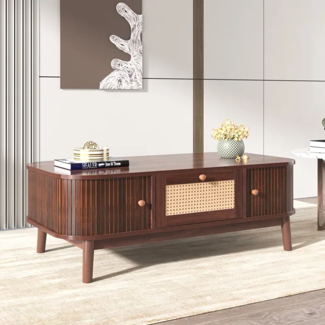 MIVRAY Salontafel - Met Rotanfront, Schuifdeuren En Lade - Voor Woonkamer - MDF En Massief Hout - 110x55x38,5 Cm Bruin
