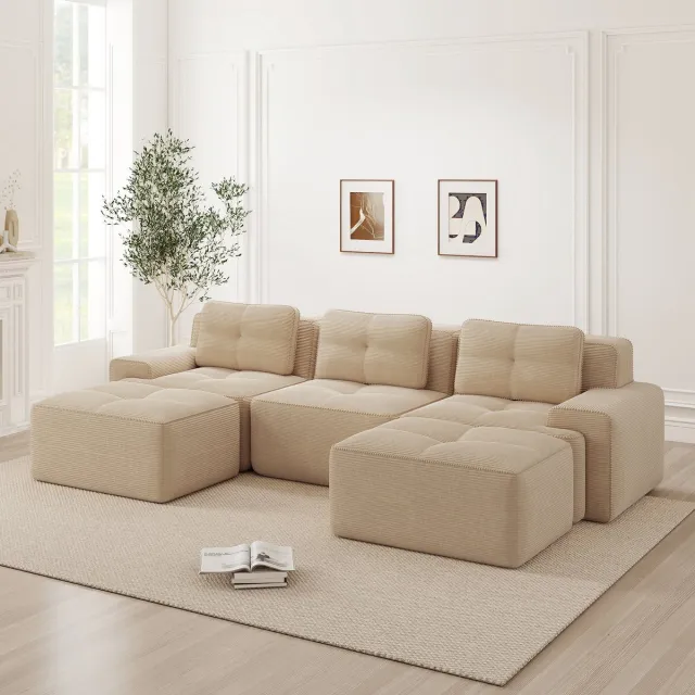 Zubaliya Modulaire U Bank - Chenille Cloud Sofa 3-Zits Zonder Frame Met Hocker - Zachte Lounge Bank Met Diepe Zit En 32D Schuimvulling - U Vorm Hoekbank Zonder Montage Voor Woonkamer - Beige
