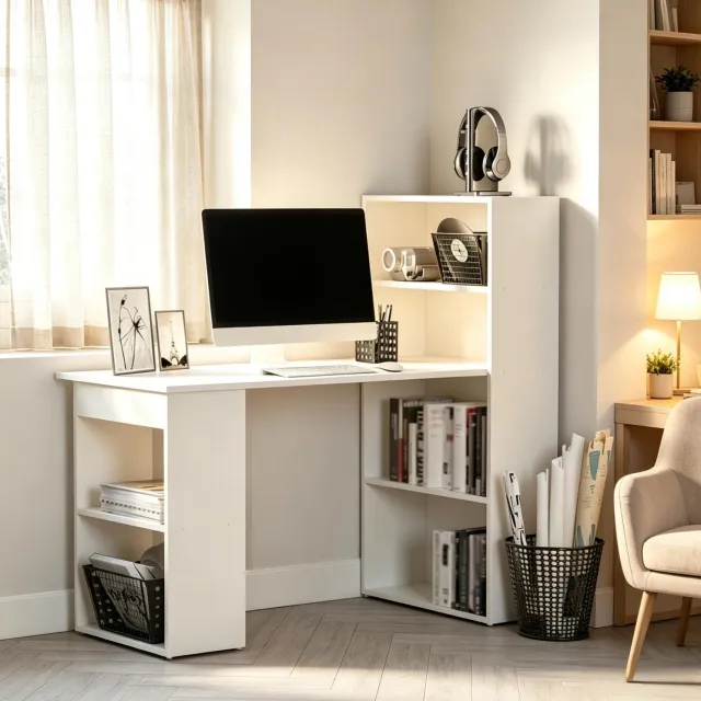 MODFU Bureau Met Geïntegreerd Boekenrek - Open Opbergruimte - Wit - Spaanplaat