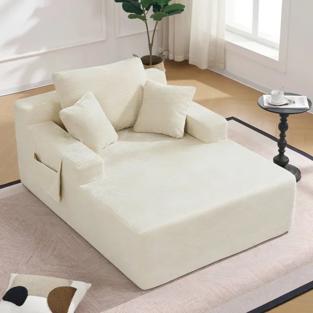 MEUNIQ 1-zits slaapbank van corduroy met opbergvakken en kussens, beige, voor woonkamer, slaapkamer of werkkamer
